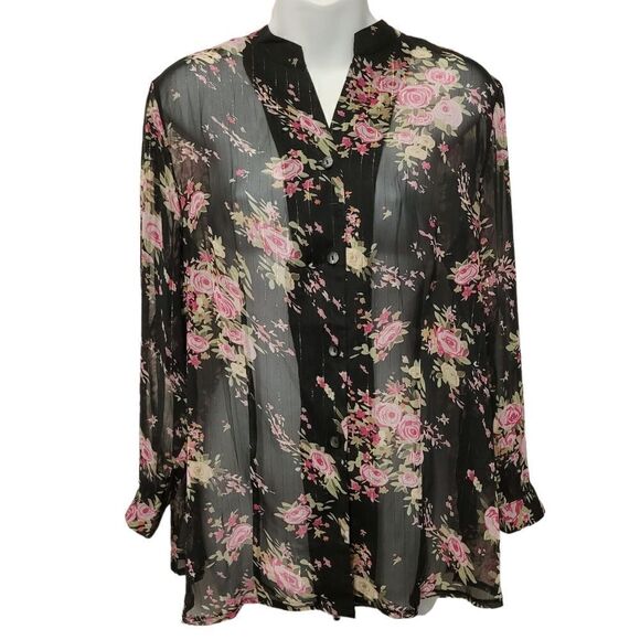 2/$20 Vintage 90s Black with Rose Pattern Buttons Down Shirt Top Size: M - Picture 1 of 6